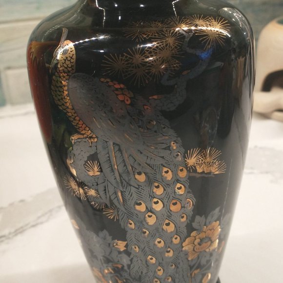 Vintage Peacock Floral Gold Trim Vase Japan - Picture 7 of 14